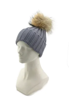 Knitted Beanie with Removable Raccoon Fur Pom