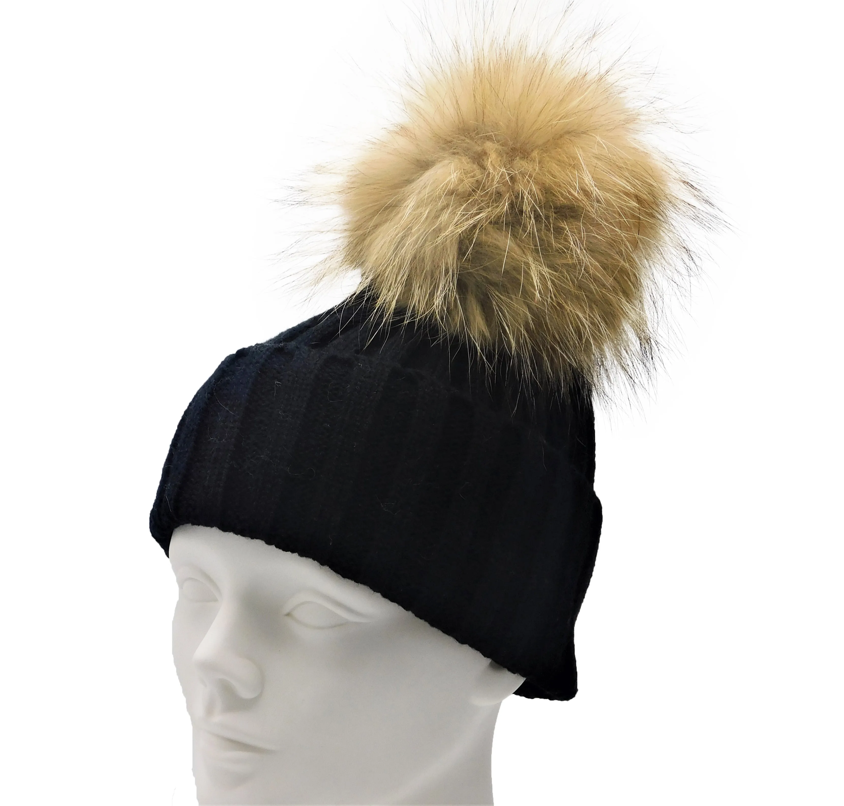 Knitted Beanie with Removable Raccoon Fur Pom