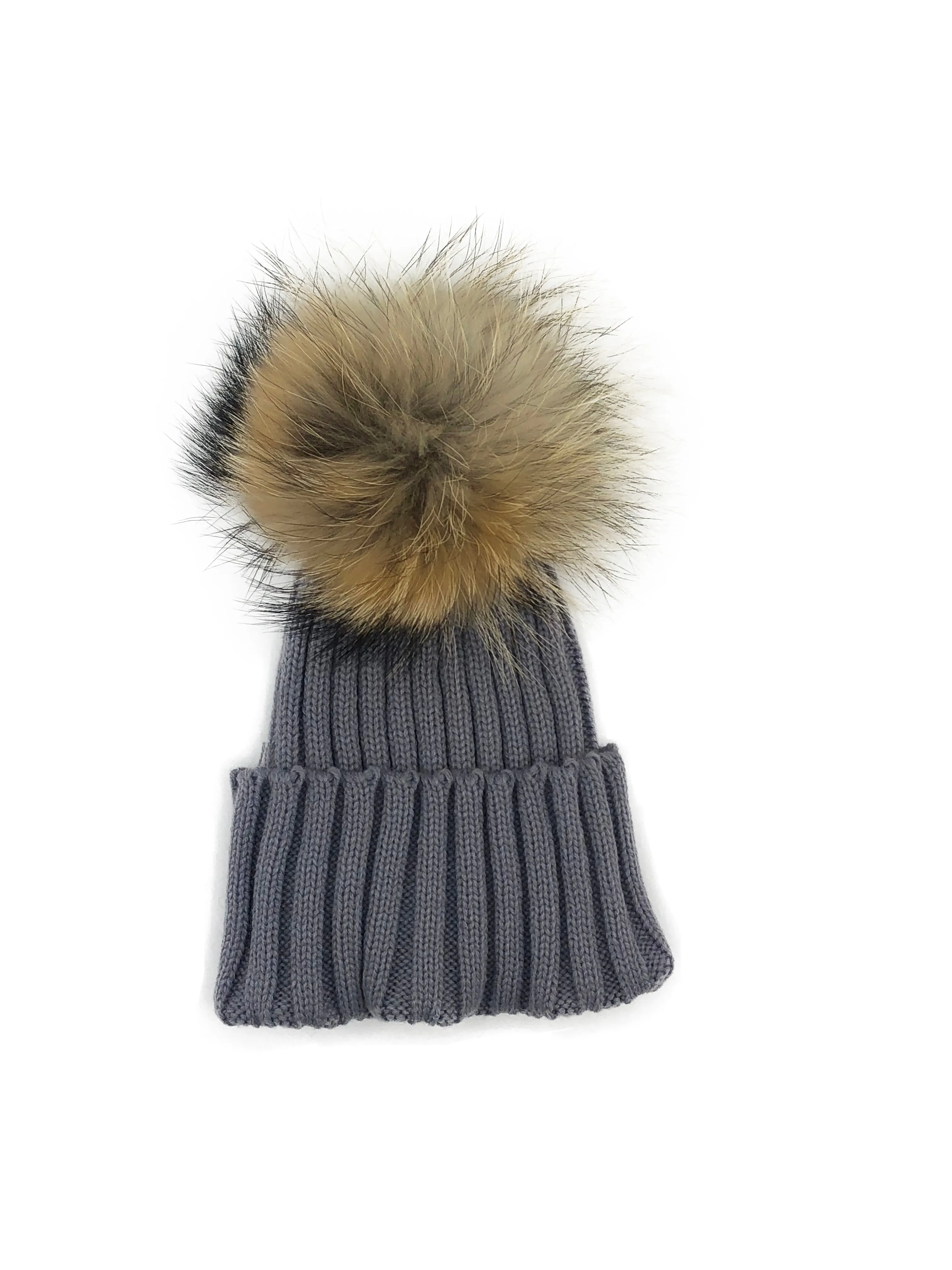 Knitted Beanie with Removable Raccoon Fur Pom