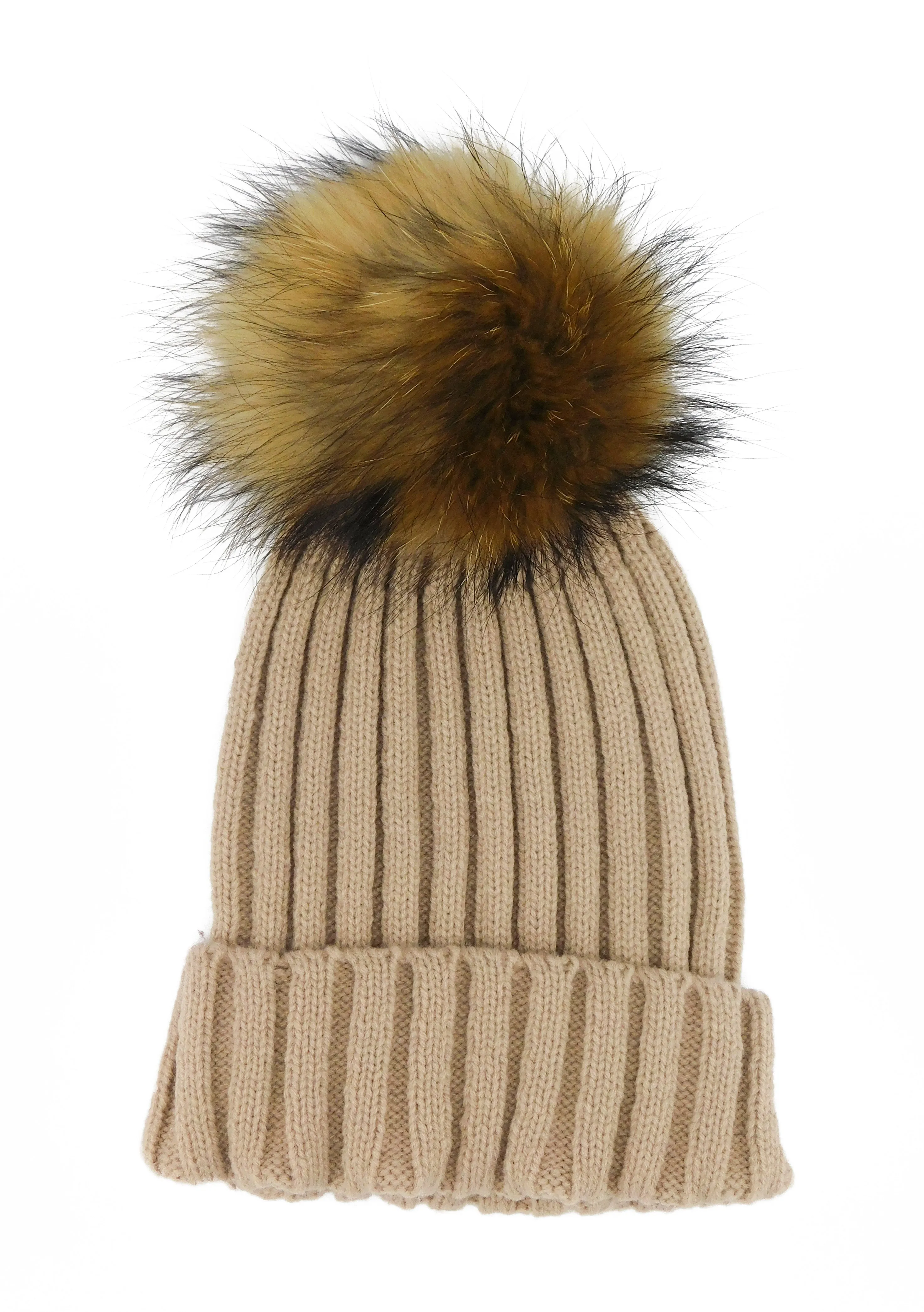 Knitted Beanie with Removable Raccoon Fur Pom