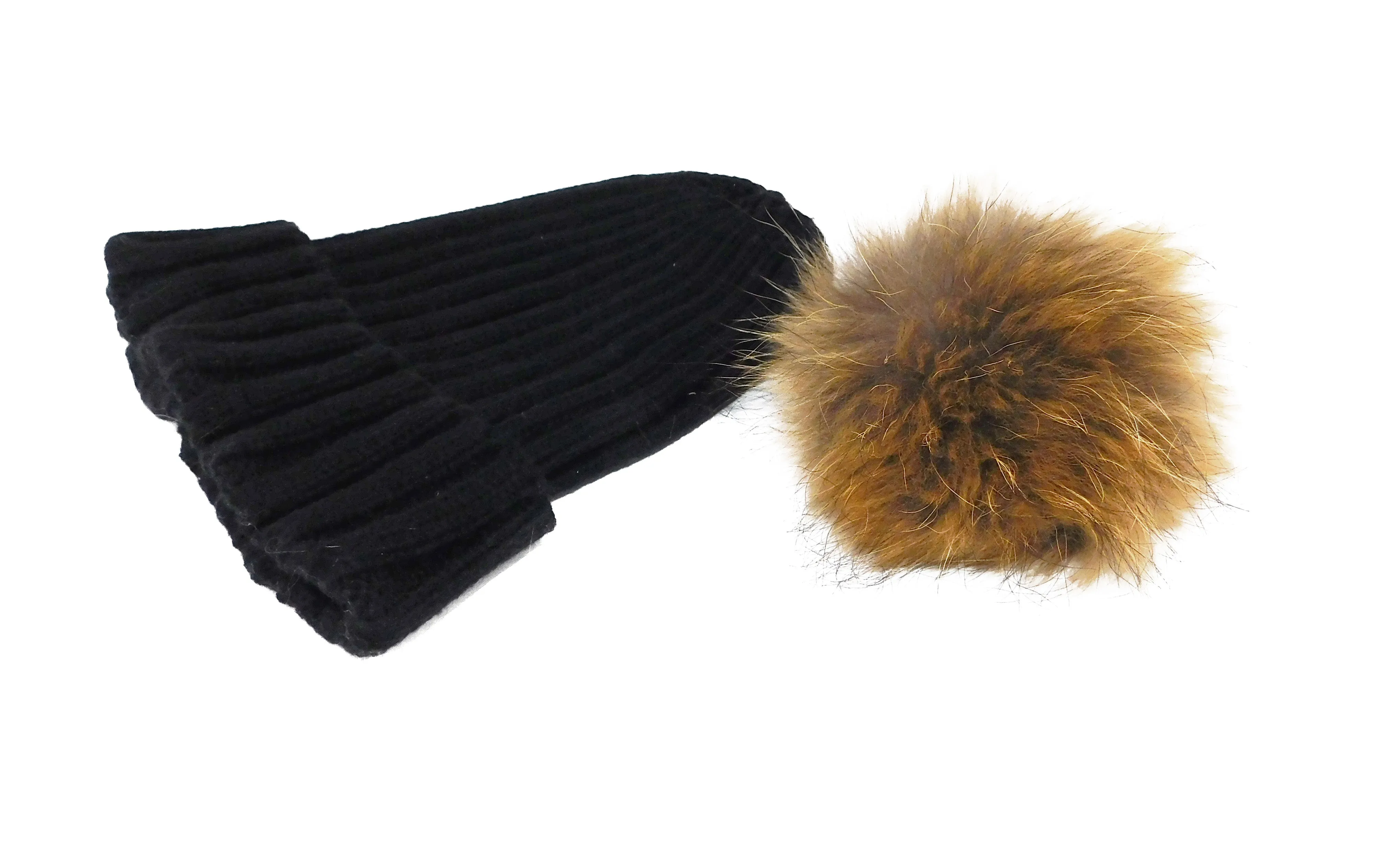 Knitted Beanie with Removable Raccoon Fur Pom