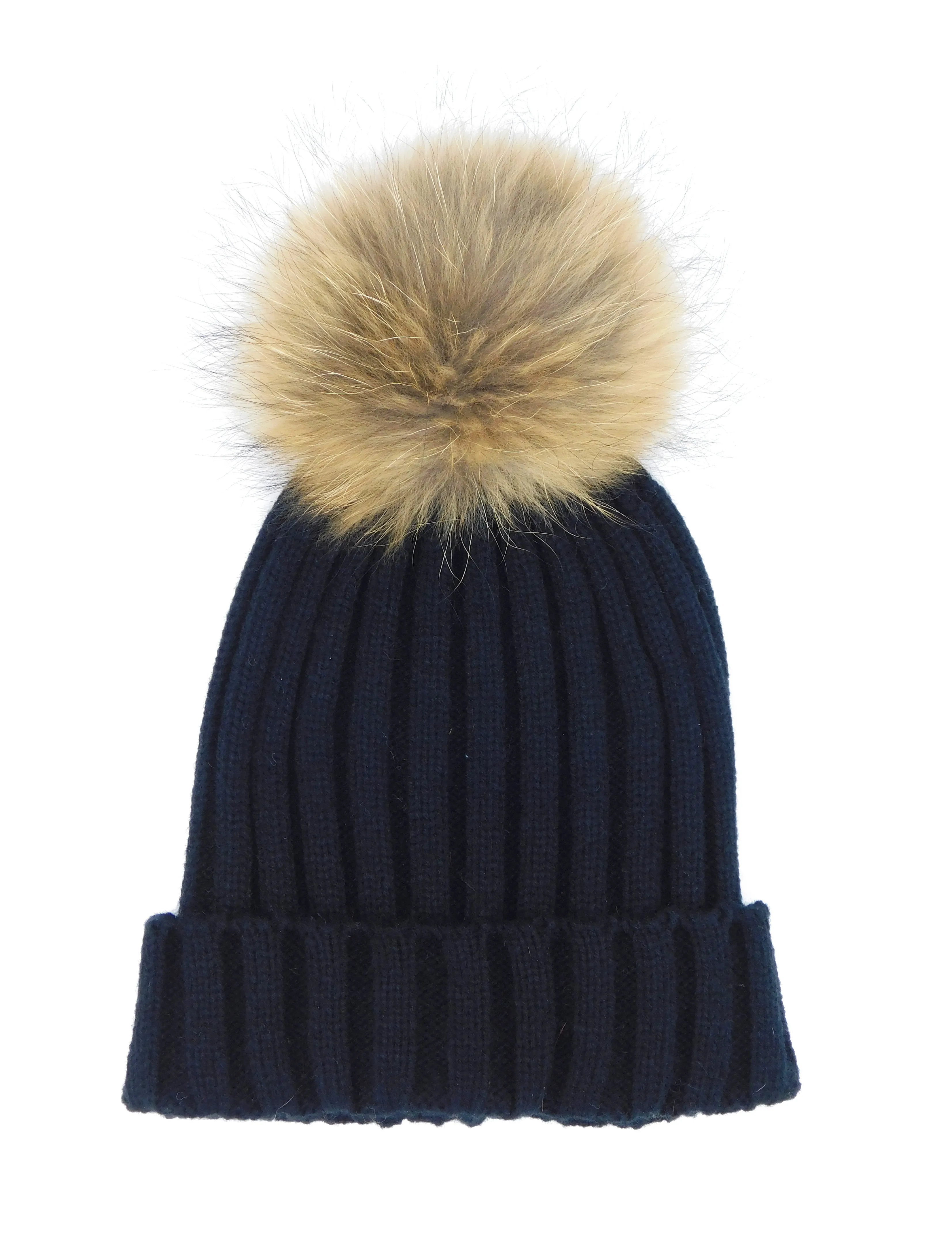 Knitted Beanie with Removable Raccoon Fur Pom