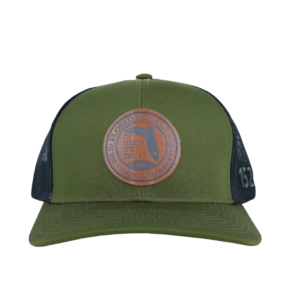 LEATHER 1521 MOSS GREEN/ BLACK TRUCKER HAT