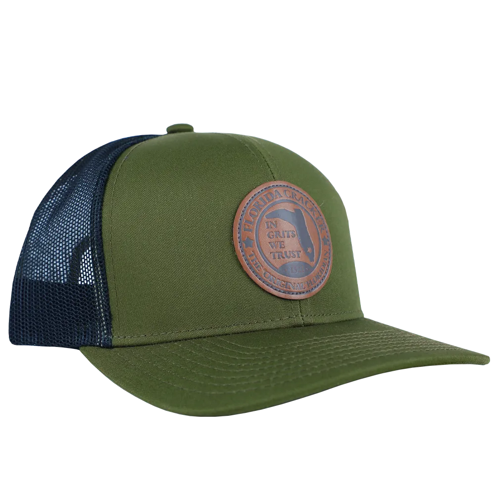 LEATHER 1521 MOSS GREEN/ BLACK TRUCKER HAT