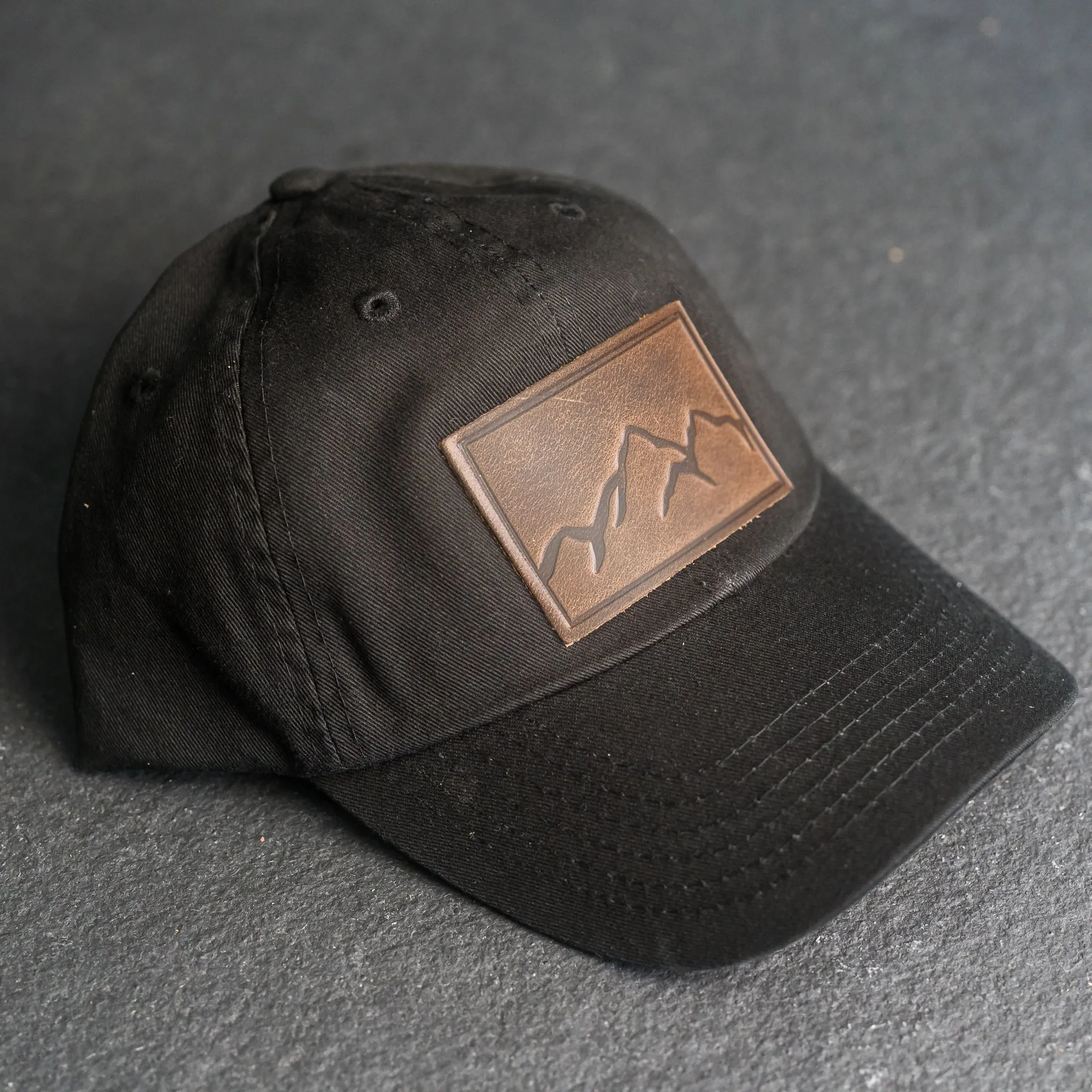 Leather Patch Unstructured Style Hat - Mountain Range Stamp