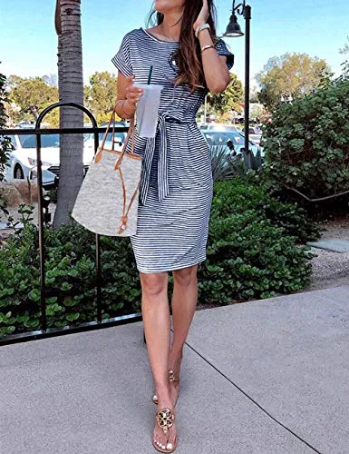 MEROKEETY Women's Summer Striped Short Sleeve T Shirt Dress Casual Tie Waist with Pockets, Navy, M
