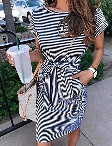 MEROKEETY Women's Summer Striped Short Sleeve T Shirt Dress Casual Tie Waist with Pockets, Navy, M