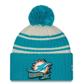 Miami Dolphins Official NFL 2022 Sideline Sport New Era Cuffed Pom Knit Beanie - Cream/Aqua