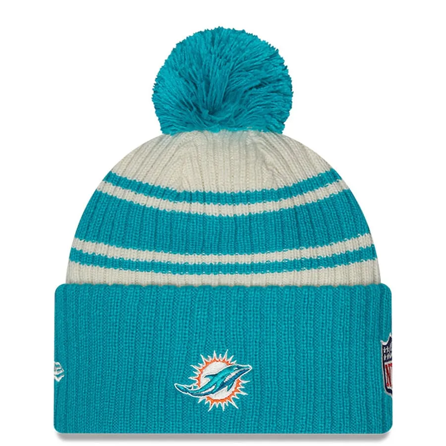 Miami Dolphins Official NFL 2022 Sideline Sport New Era Cuffed Pom Knit Beanie - Cream/Aqua