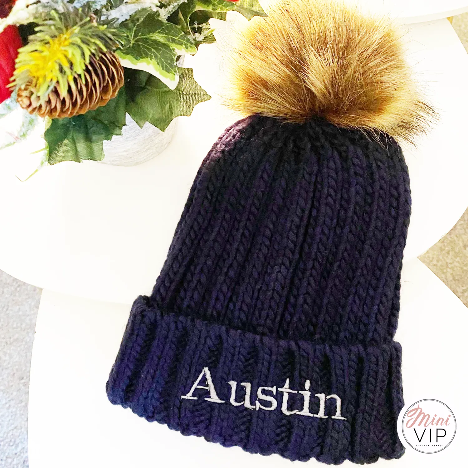 Navy Embroidered Knit Pom Pom Beanie Hat - Infants, Junior & Adult sizes