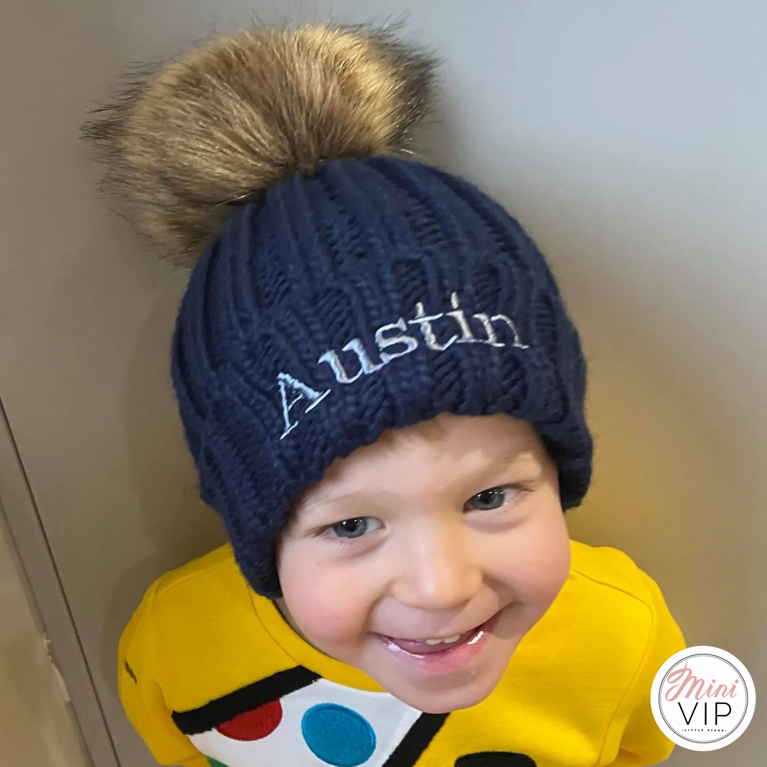 Navy Embroidered Knit Pom Pom Beanie Hat - Infants, Junior & Adult sizes