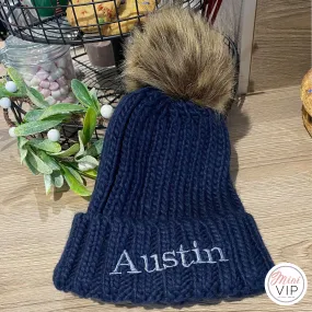 Navy Embroidered Knit Pom Pom Beanie Hat - Infants, Junior & Adult sizes