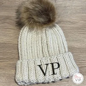 Oatmeal Embroidered Faux Fur Pom Pom Beanie Hat - Infants, Junior & Adult sizes