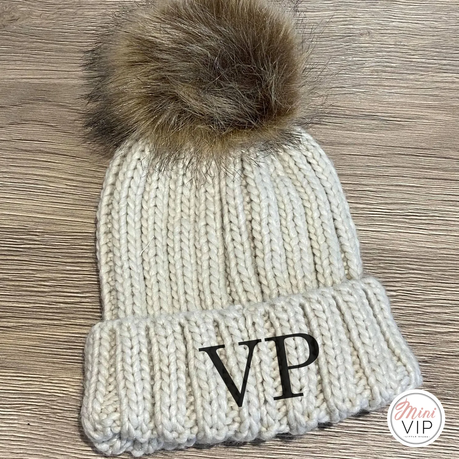 Oatmeal Embroidered Faux Fur Pom Pom Beanie Hat - Infants, Junior & Adult sizes