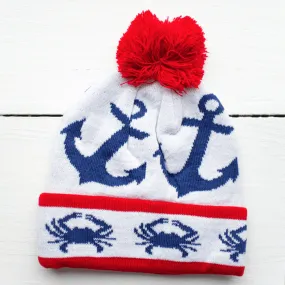 Stripe Crab and Anchor Design (White with Red Pom) / Knit Beanie Cap