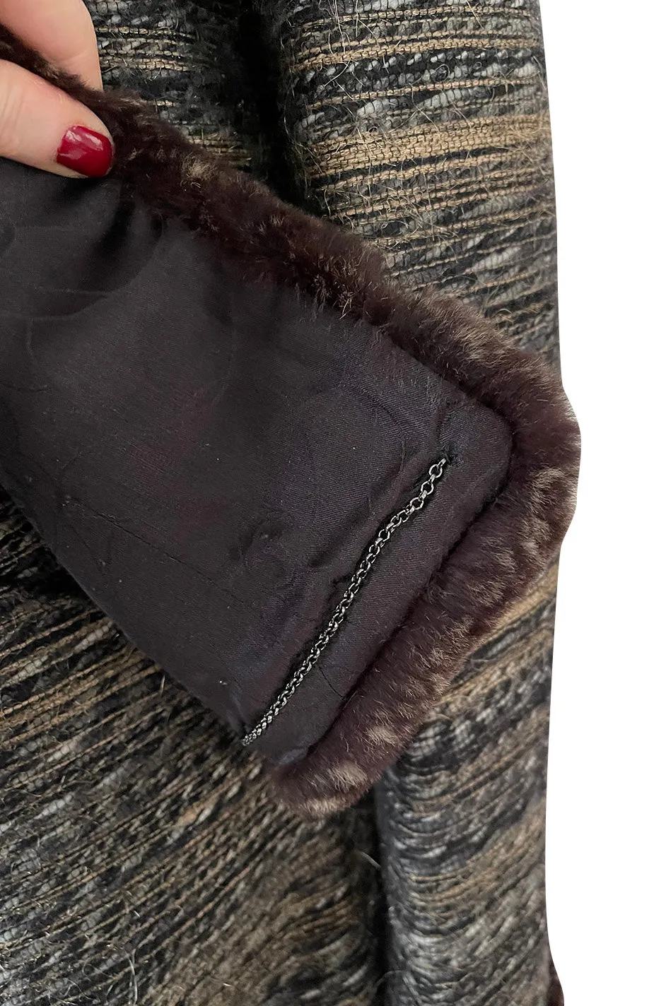 Stunning Fall 2005 Chanel Metallic Silk Mohair Fur Trimmed Tweed Jacket & Pleated Skirt Suit