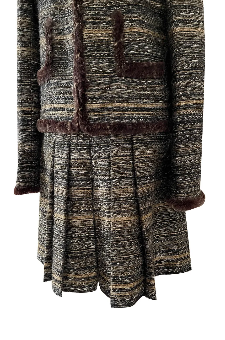 Stunning Fall 2005 Chanel Metallic Silk Mohair Fur Trimmed Tweed Jacket & Pleated Skirt Suit
