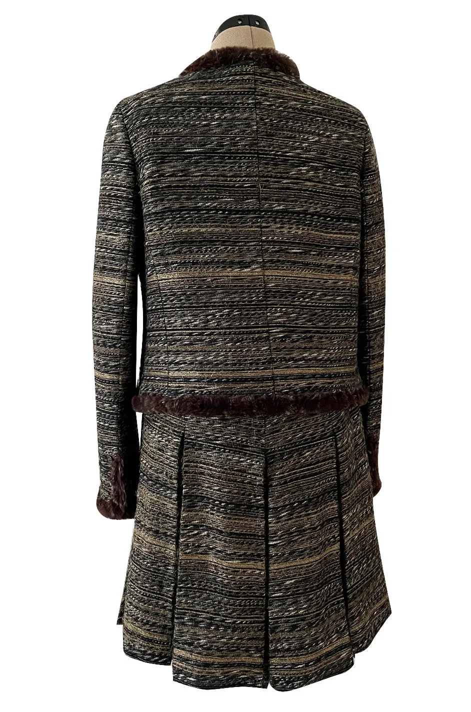 Stunning Fall 2005 Chanel Metallic Silk Mohair Fur Trimmed Tweed Jacket & Pleated Skirt Suit