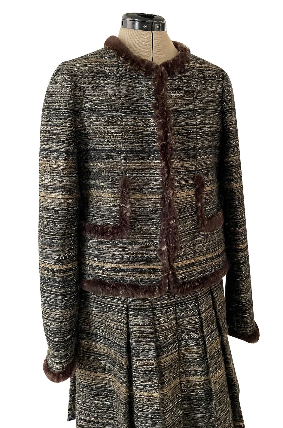 Stunning Fall 2005 Chanel Metallic Silk Mohair Fur Trimmed Tweed Jacket & Pleated Skirt Suit