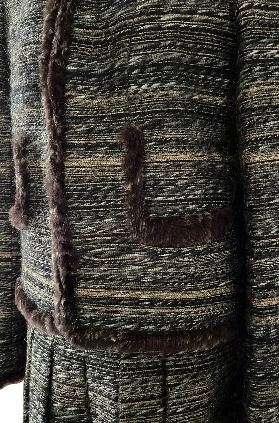 Stunning Fall 2005 Chanel Metallic Silk Mohair Fur Trimmed Tweed Jacket & Pleated Skirt Suit