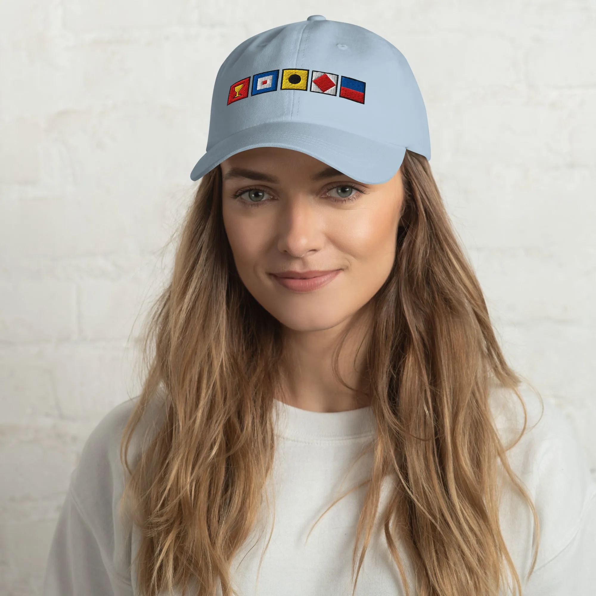TROPHY WIFE spelled out with Embroidered Nautical and Custom Flags Dad hat, Funny Nautical Flag Hat
