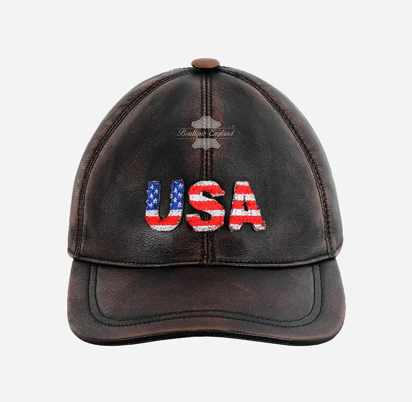USA Baseball Cap American Flag Hat | Embroidered Leather Golf Cap