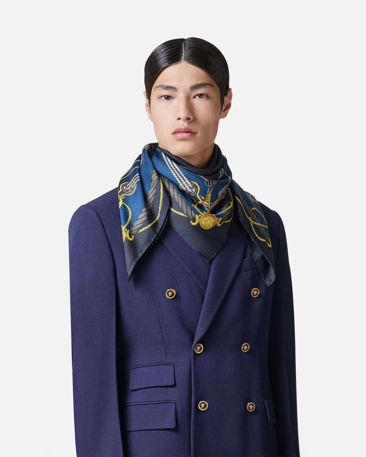 VERSACE NAUTICAL LARGE SILK FOULARD 35", Blue Print