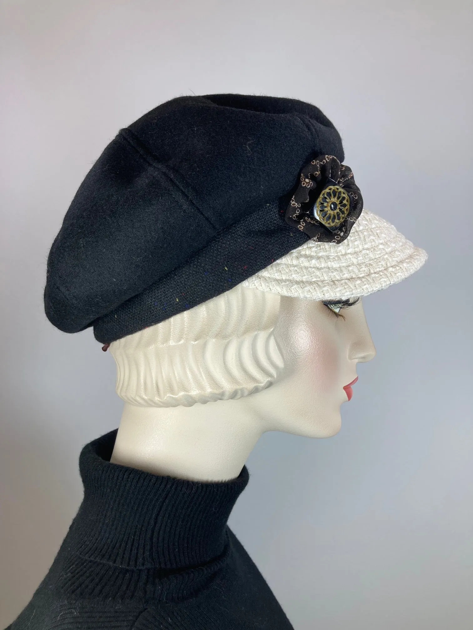 Womens Newsboy black ivory hat. Ladies Newsboy Hat. Winter Visor Cap. Soft Travel Fabric Hat. Sustainable fashion hat. Classy paperboy hat