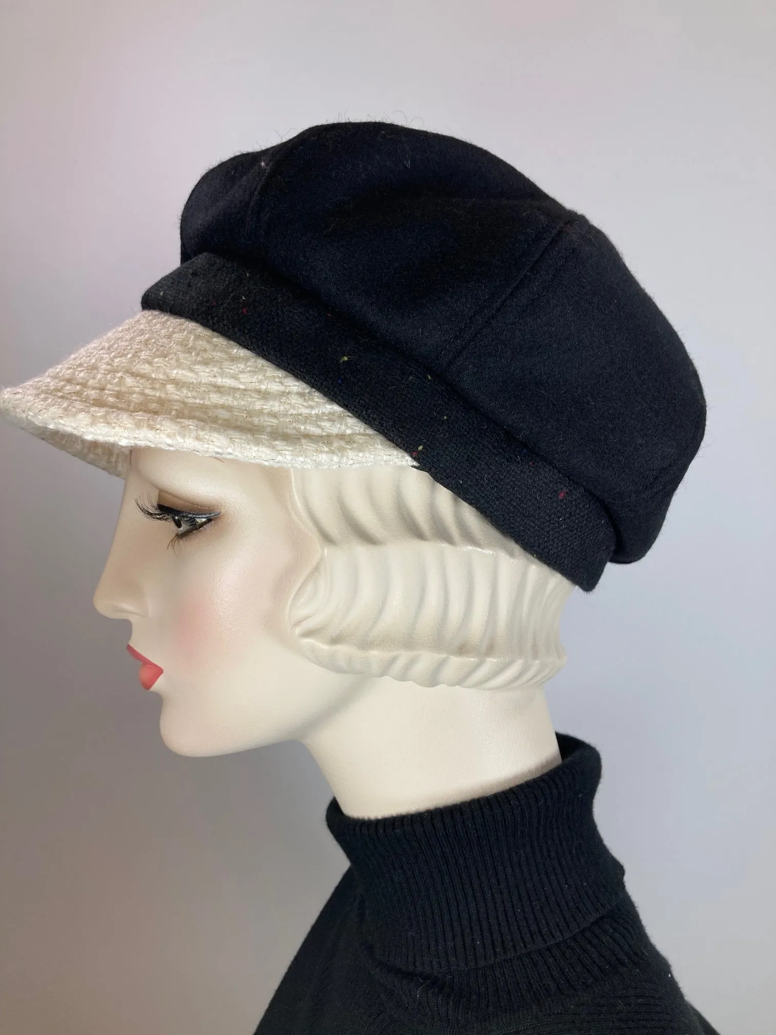 Womens Newsboy black ivory hat. Ladies Newsboy Hat. Winter Visor Cap. Soft Travel Fabric Hat. Sustainable fashion hat. Classy paperboy hat