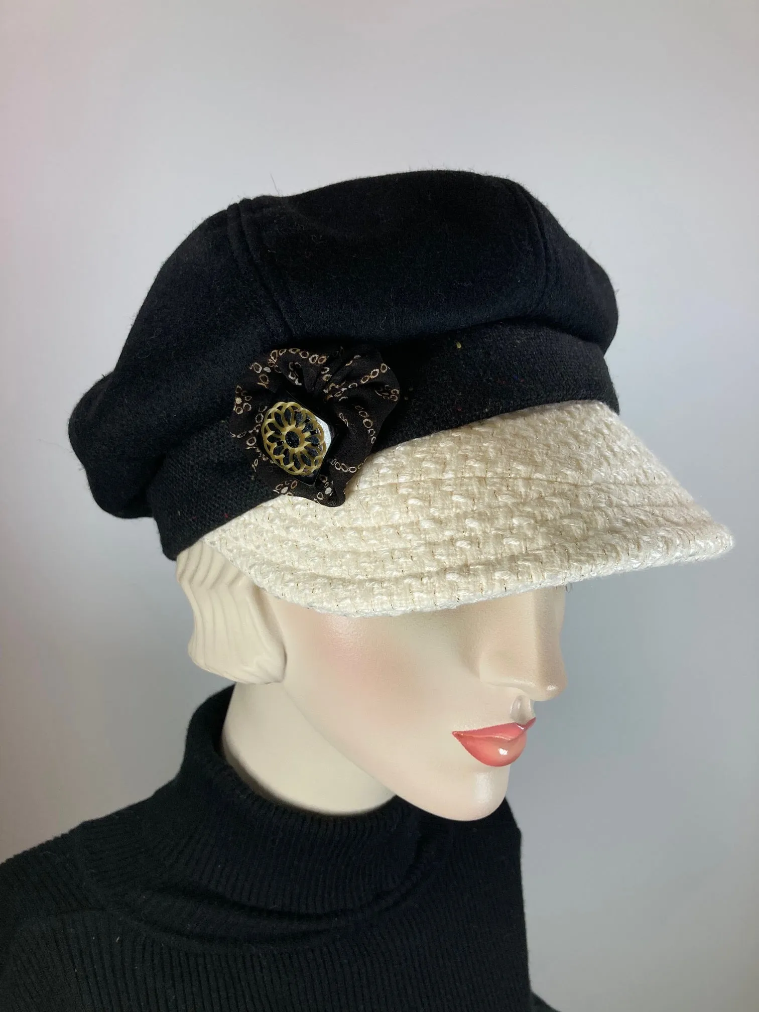 Womens Newsboy black ivory hat. Ladies Newsboy Hat. Winter Visor Cap. Soft Travel Fabric Hat. Sustainable fashion hat. Classy paperboy hat